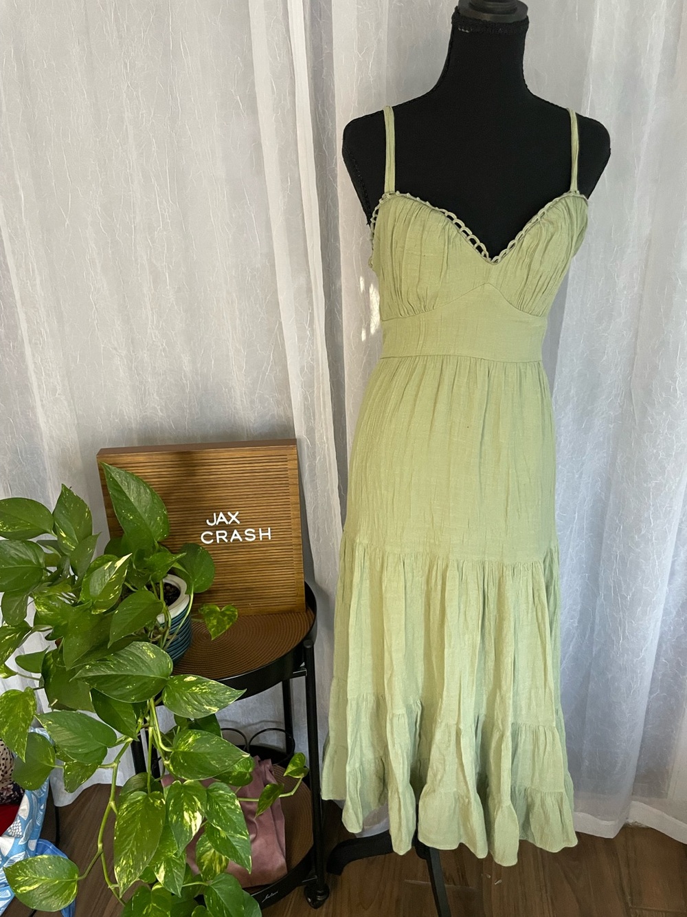 Spaghetti Strap Light Green Maxi Dress with Tiered Skirt